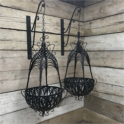  Pair black finish metal wirework hanging baskets with brackets, W47cm, H115cm  