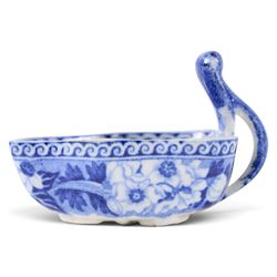 Early 19th century Spode butter boat, of leaf shaped form with high curved open handle, transfer printed with flowers, H5cm L8cm