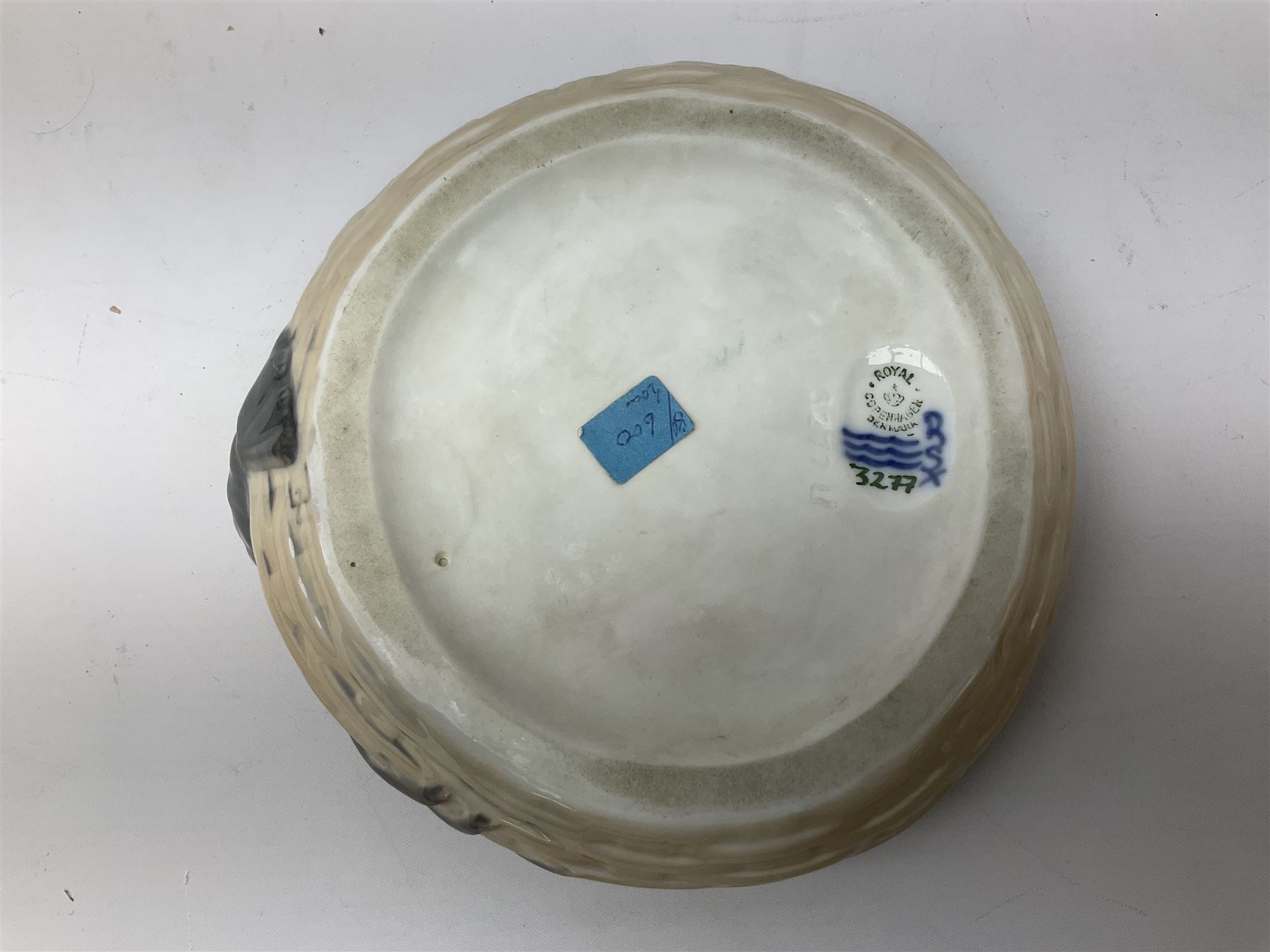 Pair of Royal Copenhagen bowls modelled as baskets and mounted with lobsters, model no 3498 and 3277, with painted and printed marks beneath, largest D19cm