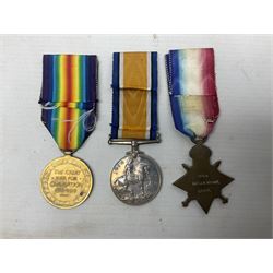 WW1 trio of medals comprising British War Medal, 1914-15 Star and Victory Medal awarded to 13708 Sjt. J.R. Wright Linc. R.; all with ribbons; some biographical details