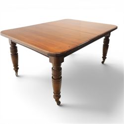 Large 19th century mahogany extending dining table with set of Chippendale design chairs, extending dining table with rectangular moulded top additional three leaves, raised on turned supports terminating in brass castors, the dining chairs (2 + 2) with shaped cresting rail and pierced splats, raised on square supports with stretchers