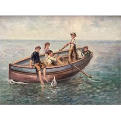 Laszlo Ritter (Hungarian 1937-2003): 'Five in a Boat', oil on canvas board signed, titled verso 29cm x 39cm
