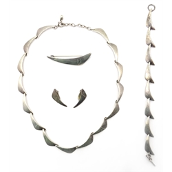  Danish silver suite of jewellery - necklace, pair ear-rings, bracelet and brooch stamped Niels Erik From, Nakskov  
