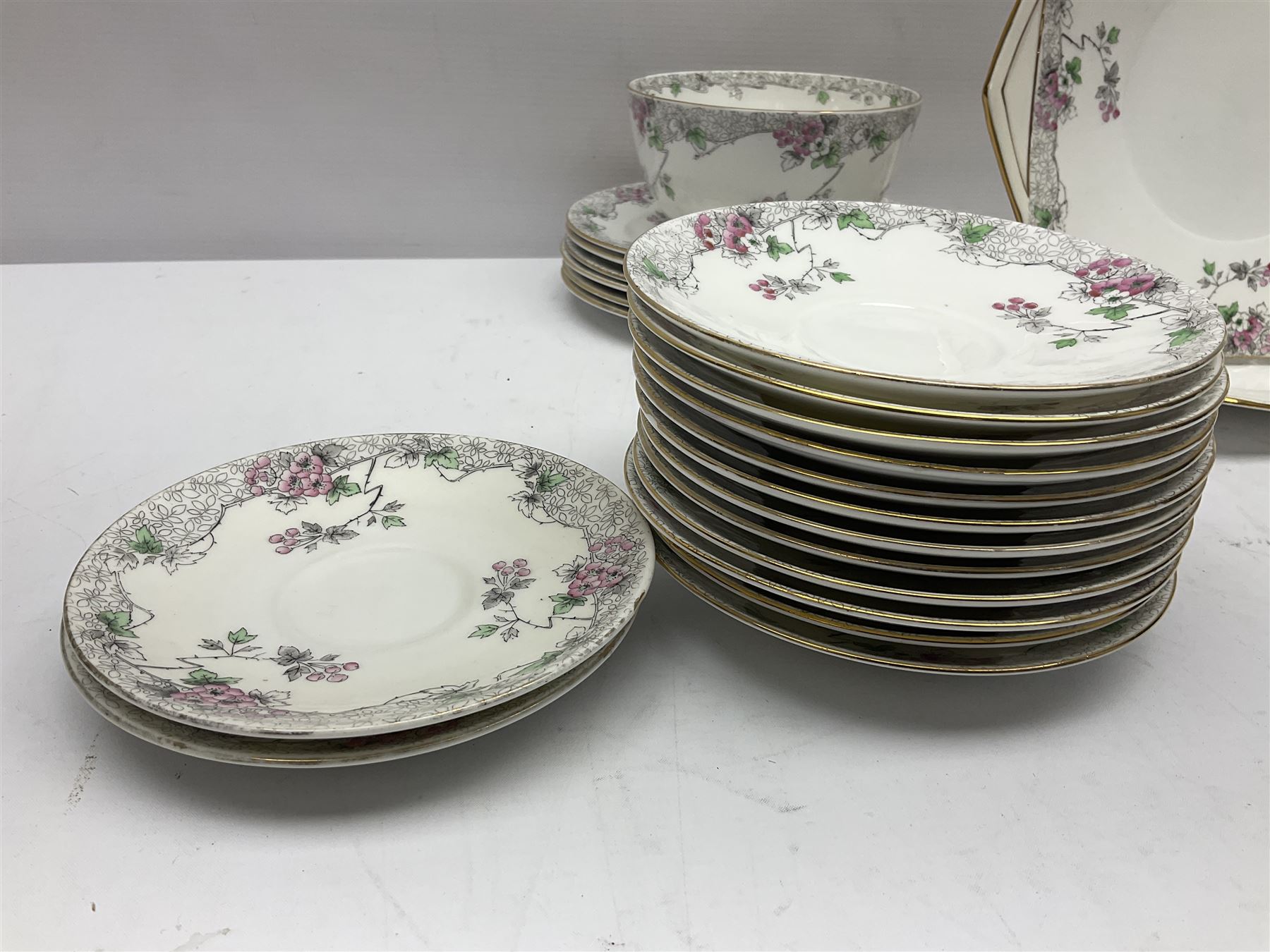 Shelley Bramble Rose pattern tea service, comprising milk jug, open sucrier, ten cups and twelve saucers, twelve dessert plates and two cake plates (38)