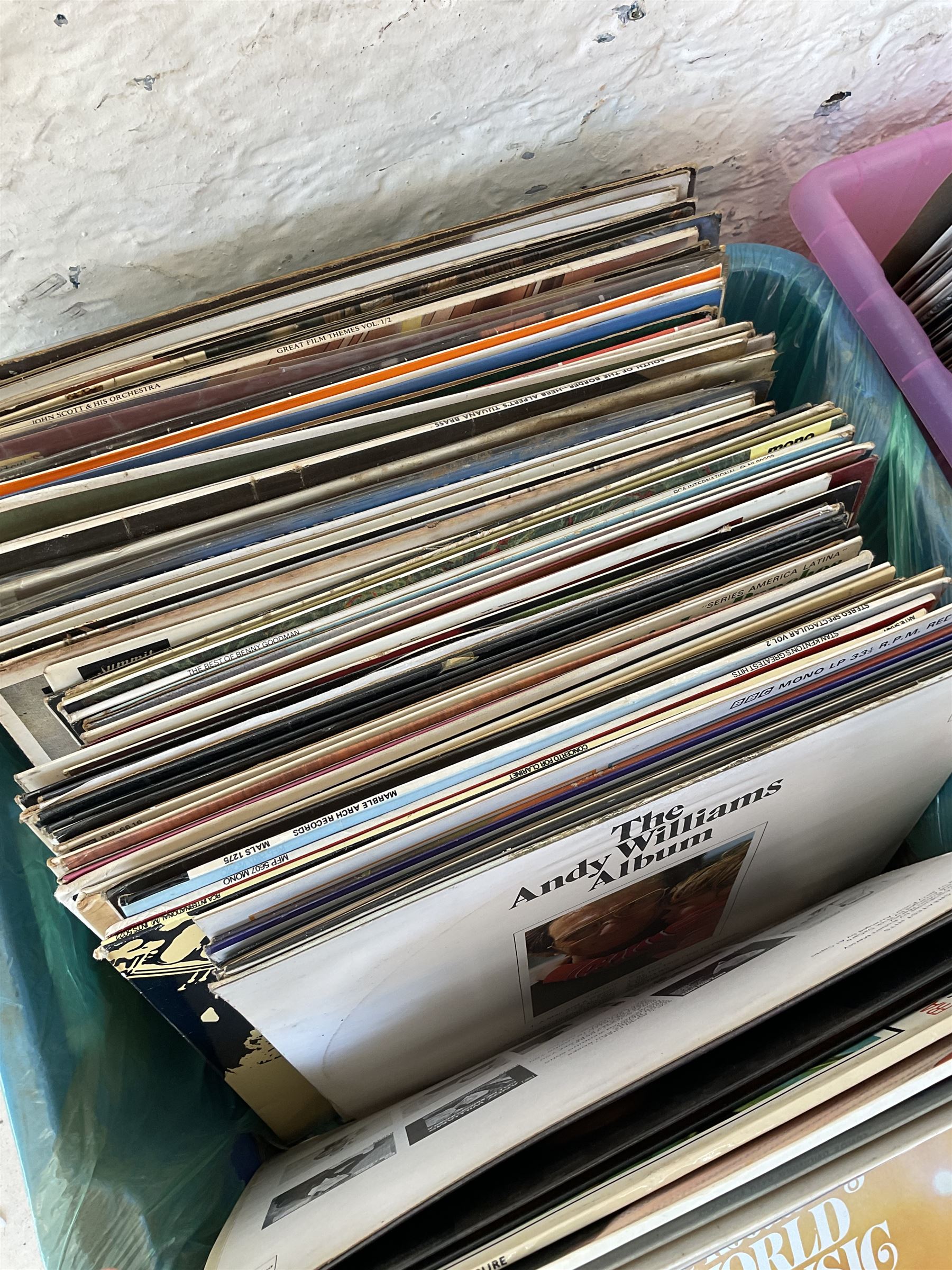 ‘The Early Breakfast’, 19th century hand coloured engraving in Hogarth type frame, vinyl LPs, reproduction silhouettes, two pairs of leather ice skates and tea set depicting a Japanese landscape