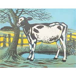 Frederick George Austin (British 1902-1990): A Suffolk Calf, colour linocut signed and indistinctly dated in pencil 28cm x 35cm (unframed)
Provenance: direct from the granddaughter of the artist