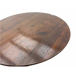 Traditional medium oak circular dining table, pegged plank top on tripod base