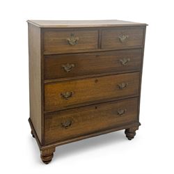 George III oak chest, rectangular top with moulded edge over two short and three long graduated drawers, each with brass escutcheons and shaped backplate handles, on turned bun supports 