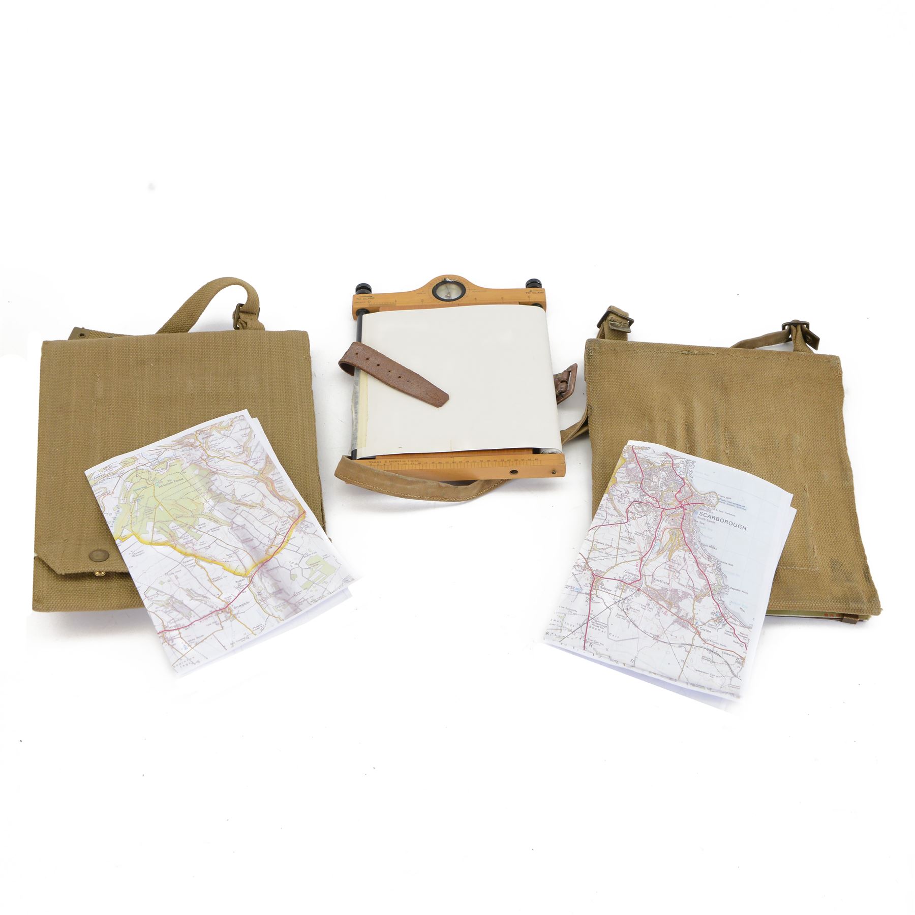 WWI British Army issue map board, stamped Houghton-Butcher, London 1915, fitted with compass, protractor and leather strap, together with two webbing map cases