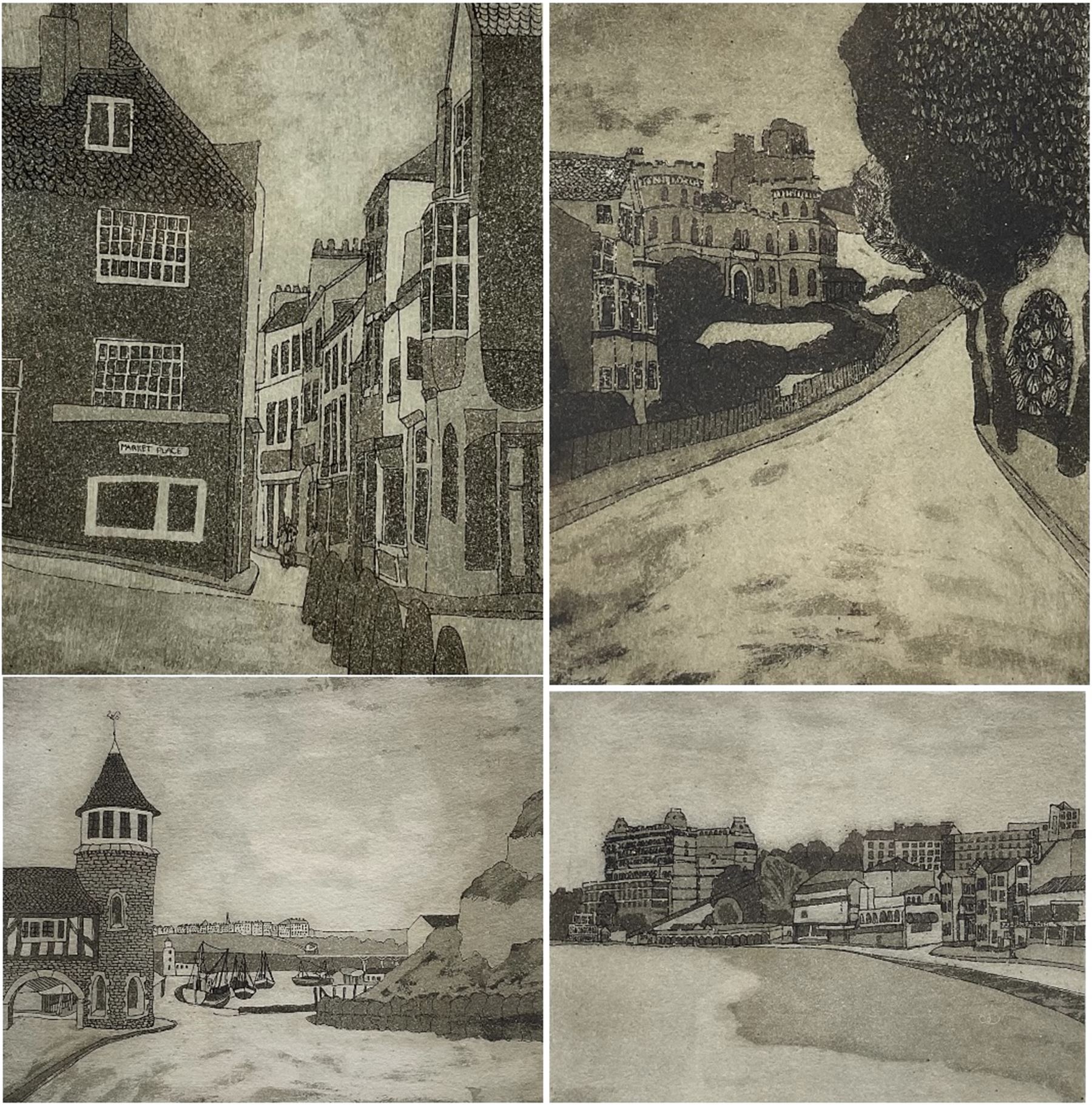 Michael Atkin (Scarborough 1952-): 'Castle by the Sea', 'Scarborough', 'Grand Hotel', and 'Market Place - Whitby', set four etchings with aquatint signed and titled in pencil 18cm x 14cm (4)