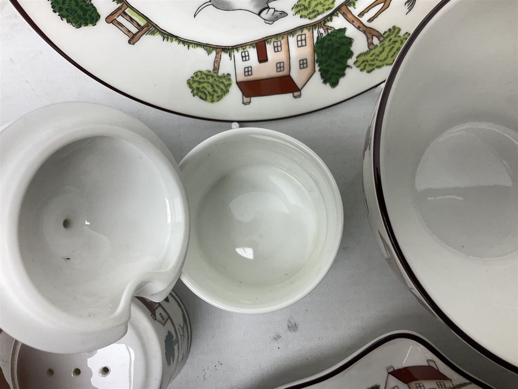 Nine pieces of Coalport and Crown Staffordshire Hunting Scene porcelain including three-piece condiment set, pair of pin dishes, bowl, vase etc