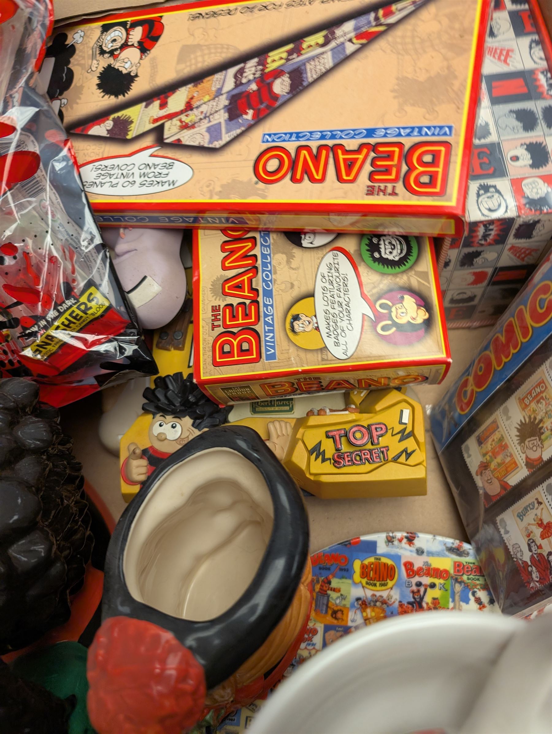 Collection of Robert Harrod The Beano Dandy Collection figures including Desperate Dan, Teach, Rodger the Dodger and Chips together with Beano collectibles including mugs, stamps, etc