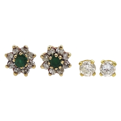 Pair of 9ct gold emerald and diamond cluster stud earrings hallmarked and a pair of 18ct gold diamond stud earrings