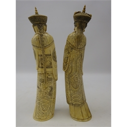  Pair 19th century Chinese carved ivory figures of an Emperor & Empress, each standing wearing imperial robes, signature to base, H37.5cm    