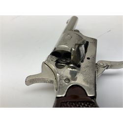 Early 20th century Flobert 5mm blank firing revolver with six-shot chamber, top venting, nickel plated with folding trigger No.118 L12.5cm overall; replica non-firing 'British Bulldog' revolver; and Windproof gas lighter inscribed 'Revolver-99 Spring and Autumn' in holster marked 'Star-Line'