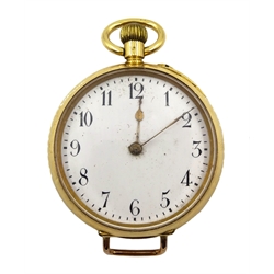 Swiss 18ct gold fob keyless lever pocket watch No. 329125, white enamel dial with Arabic numerals, the inner dust cover engraved Andrew King, Hull, stamped 18K