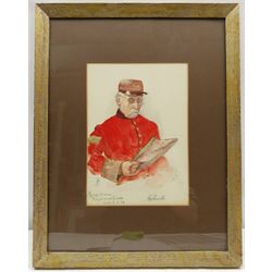 English School (Early 20th century): Portrait of George Powell Chelsea Royal Horse Guard Pensioner, watercolour signed by the sitter and monogrammed JB by the artist dated 1913, 25cm x 18cm