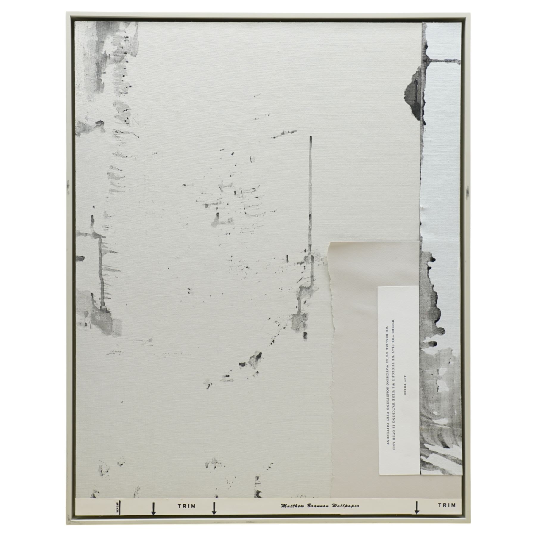 Matthew Brannon (American 1971-): 'Aperitif', acrylic and collage mixed media on canvas laid onto cardboard 58cm x 46cm
Provenance: exhibited at 'The Ventriloquist' exhibition at the Office Baroque Gallery, Antwerp, 2012
Notes: Brannon’s text-driven compositions blend design aesthetics with psychological nuance. Aperitif exemplifies his use of restrained imagery and oblique narrative, drawing from advertising, literature, and social ritual. His work is held in major collections including MoMA and the Whitney.