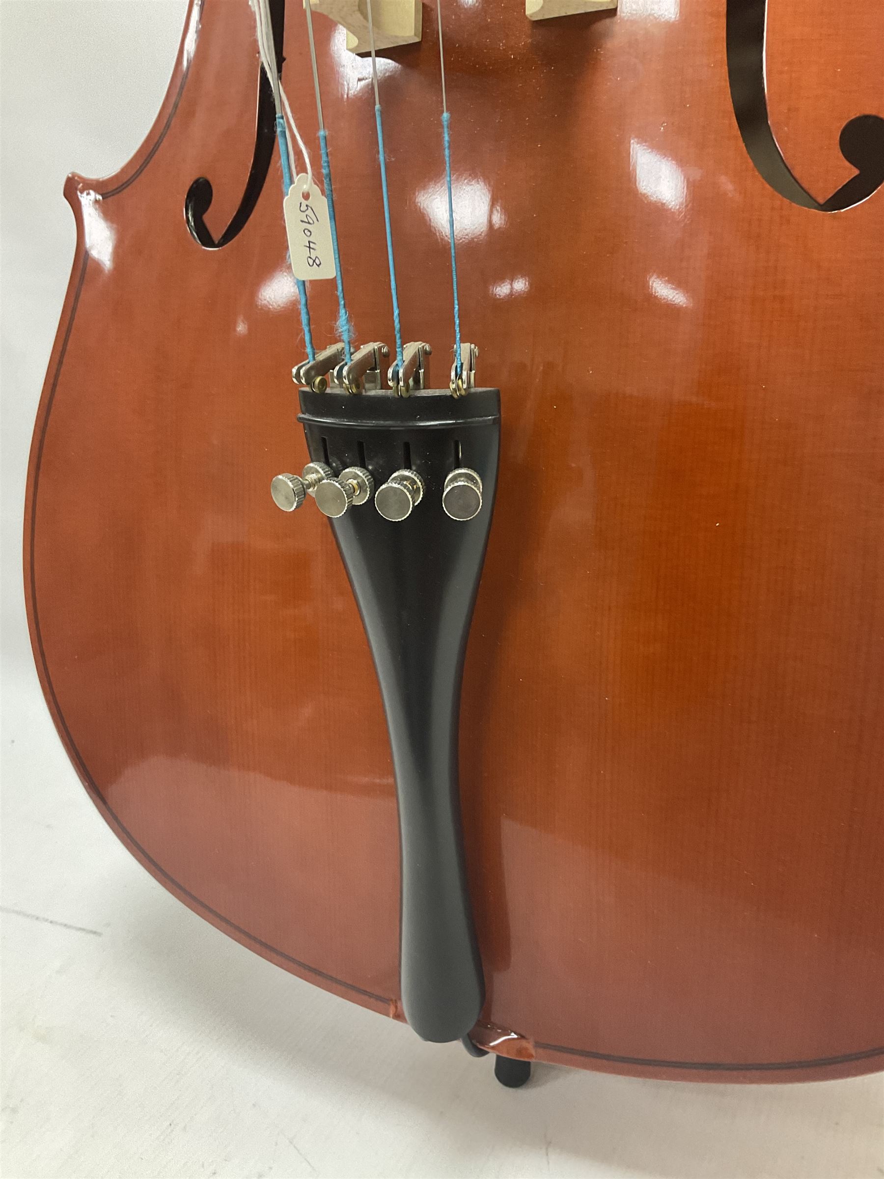 Gear 4 Music full size cello with a maple back and ribs and spruce top, ebony fittings and fingerboard, with two bows in hard case Length 123cm