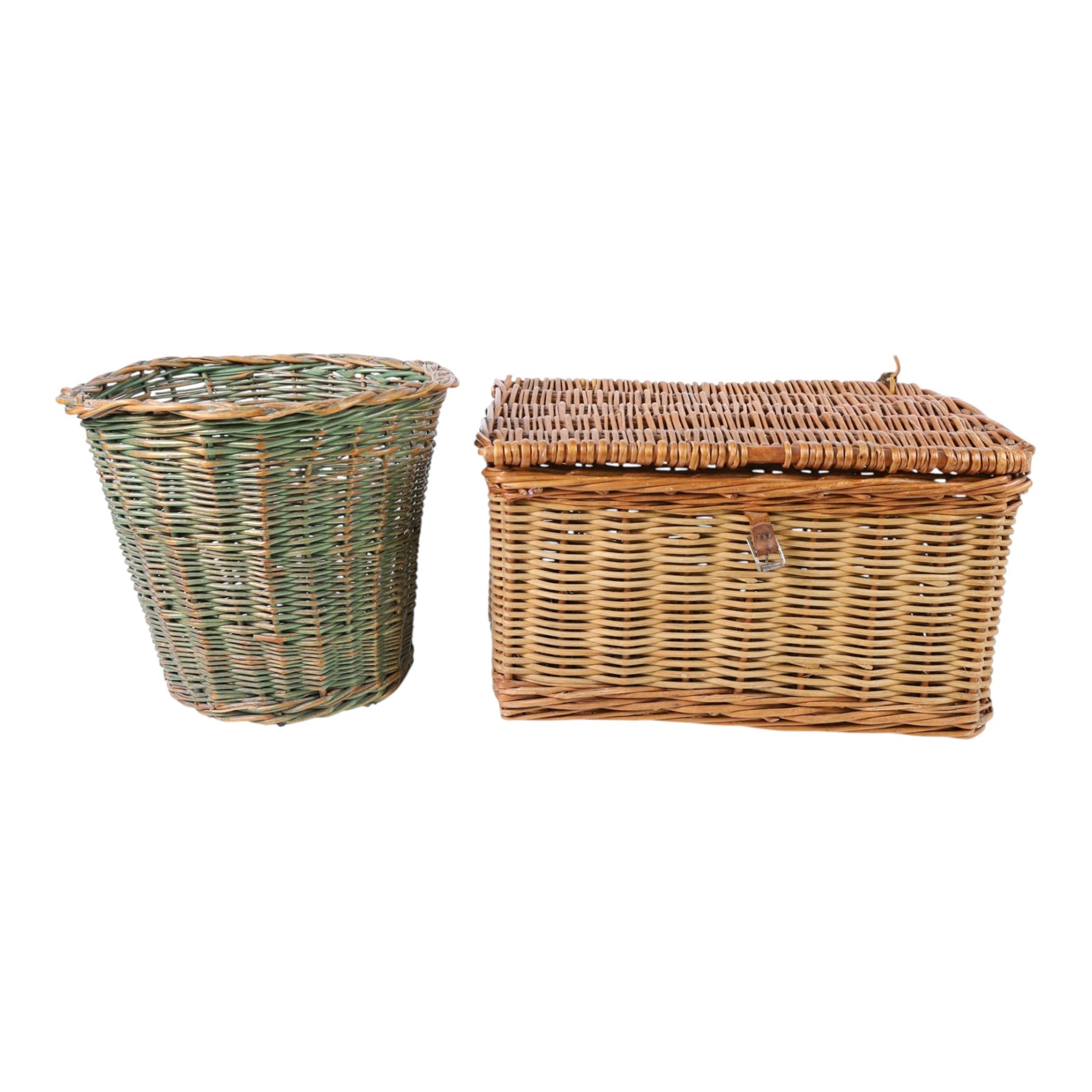 Wicker picnic hamper together with wicker waste basket, Barr & Stroud and Carl Zeiss 8x30 binoculars in leather cases; early 20th cent. inlaid mahogany mantel clock, 1950's 'York County Savings Bank' money box, green glass fishing floats etc. 