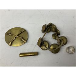 WW1 pair of medals comprising British War Medal and Victory Medal awarded to 24085 Sjt. J. Hazle Durh. L.I.; together with Durham Light Infantry cap and collar badges, shoulder titles, buttons etc; various royalty commemorative medallions etc