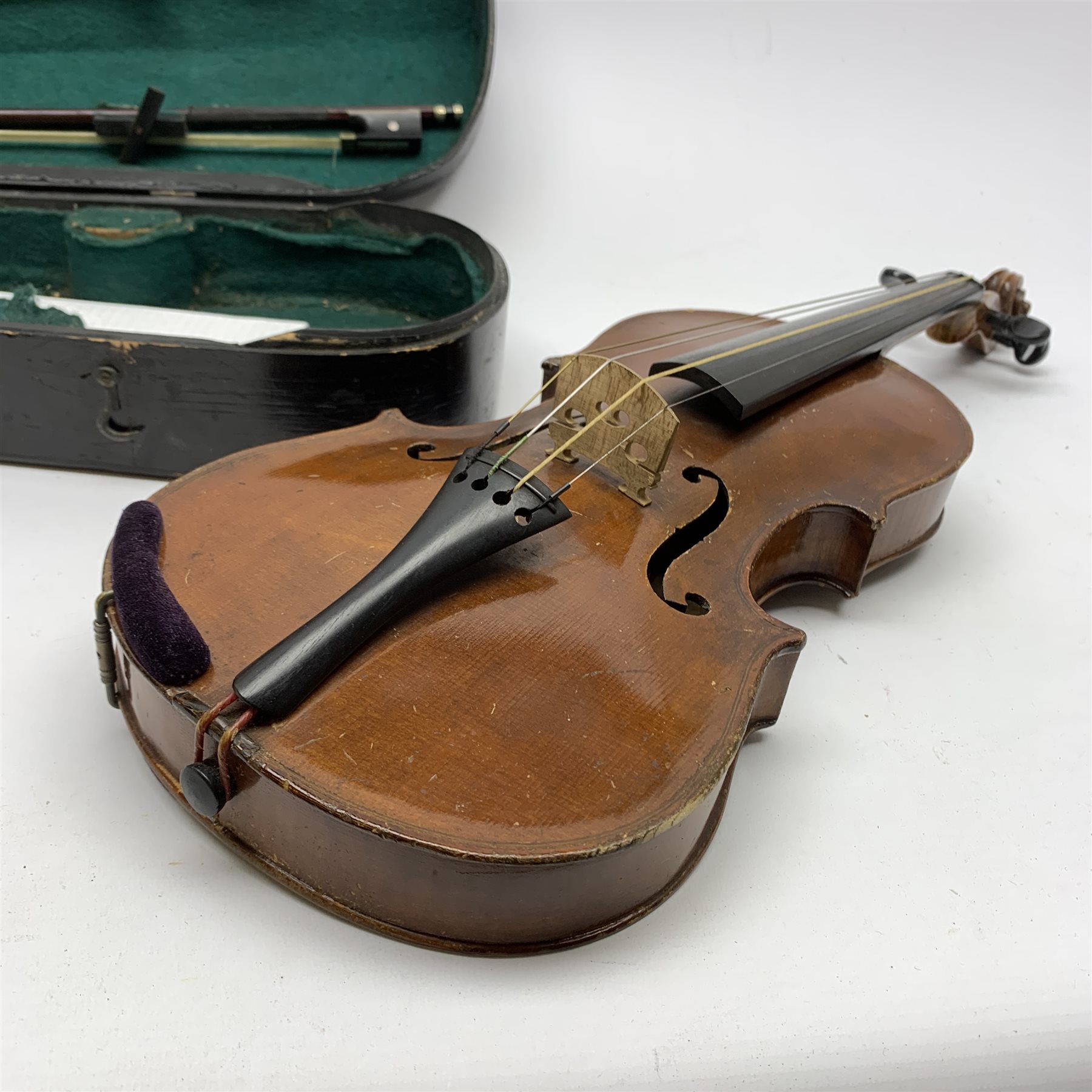 John Murdoch & Co. 'The Maidstone' three-quarter size violin with 33.5cm two-piece maple back and ribs and spruce top, bears label, 55cm overall, in original ebonised wooden 'coffin' case with two bows 