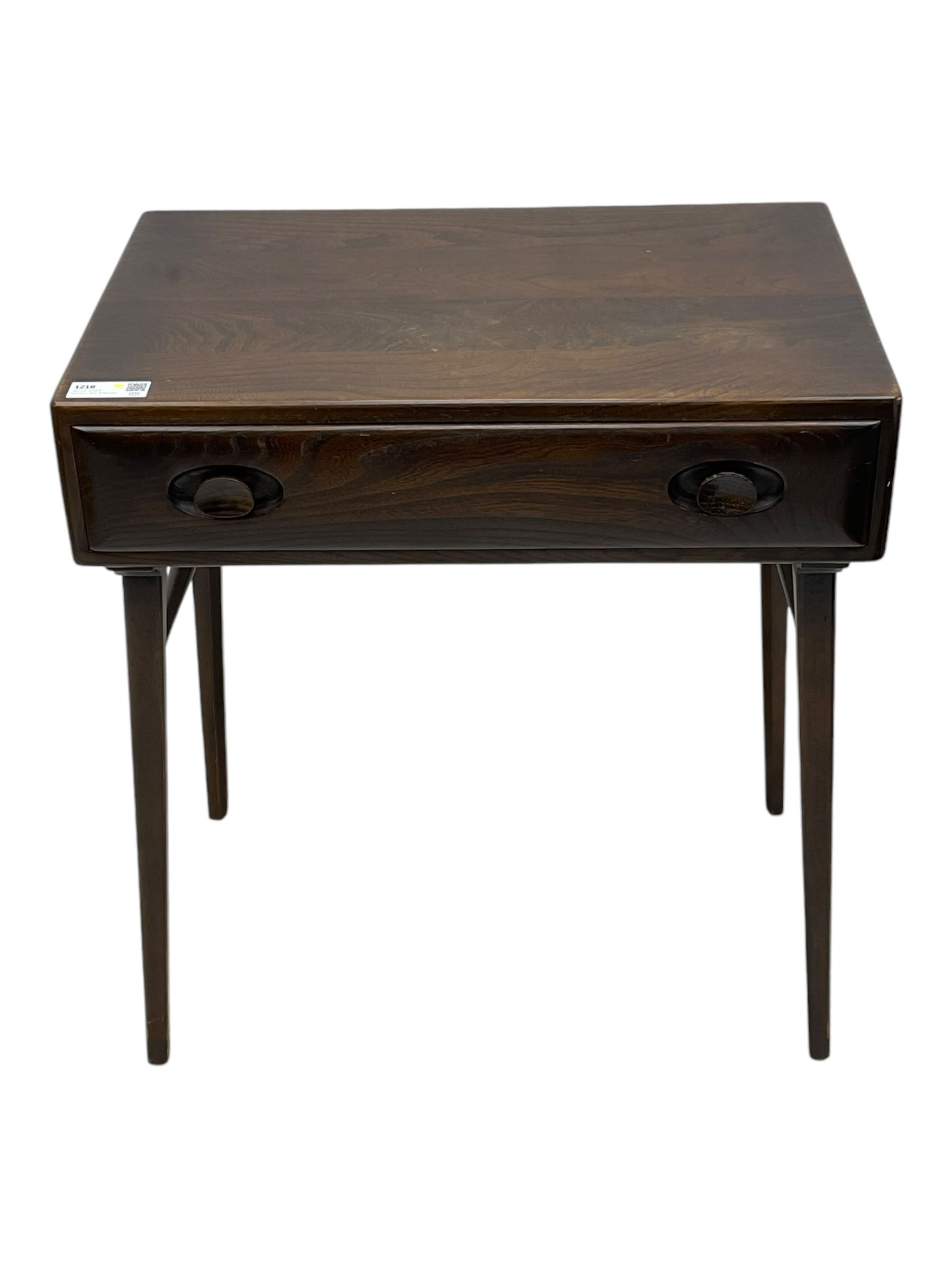 Ercol - dark elm console table, fitted with single drawer, on square tapering supports 