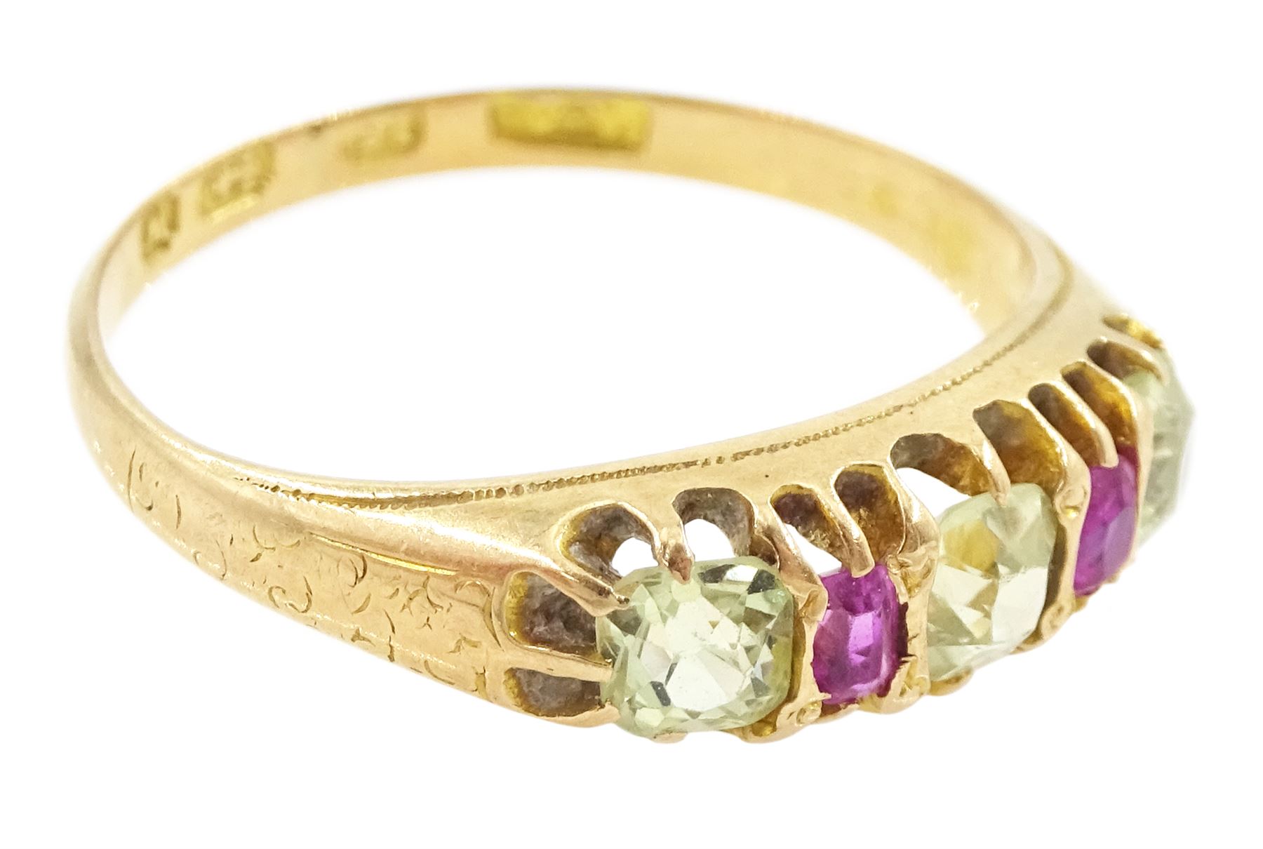 Victorian 15ct gold five stone chrysoberyl and ruby ring, Birmingham 1871