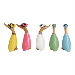 Dcuk, five wooden ducks, in cycling outfits and helmets, H20cm