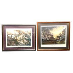After Alan Fernley, colour print 'The Bridge at Arnhem', signed on the mount, 37 x 50cm; and after John Sellars, colour print 'Pegasus Bridge. Early Morning of D-Day 6th June 1944 Benouville Normandy'; both in mahogany stained frames (2)