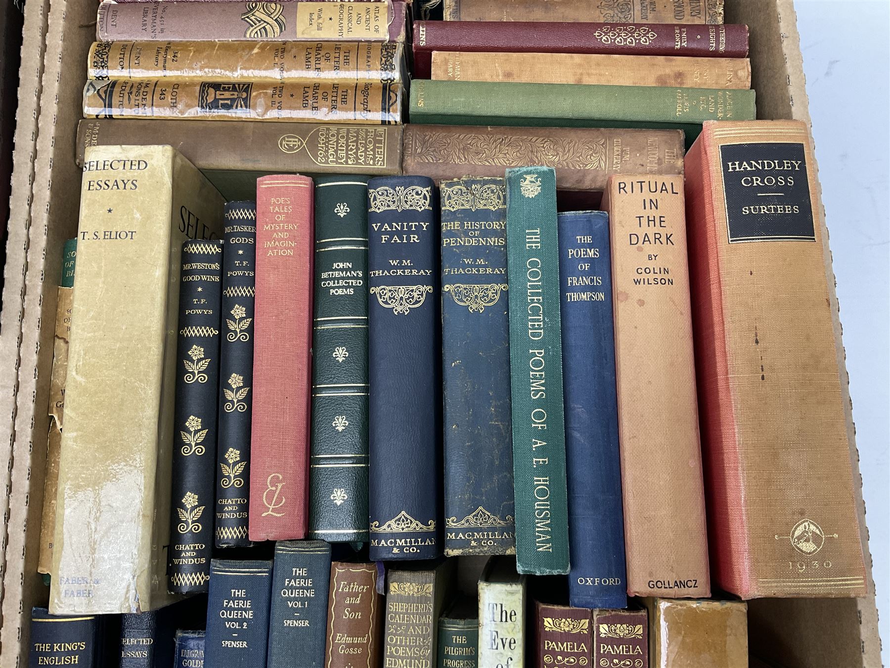Quantity of early 20th century and later books to include leather and cloth bound examples, to include examples published by J.M Dent & Co, W.M Thackeray, Collins, Poems by Tennyson, etc, many with gilt detailing, in two boxes