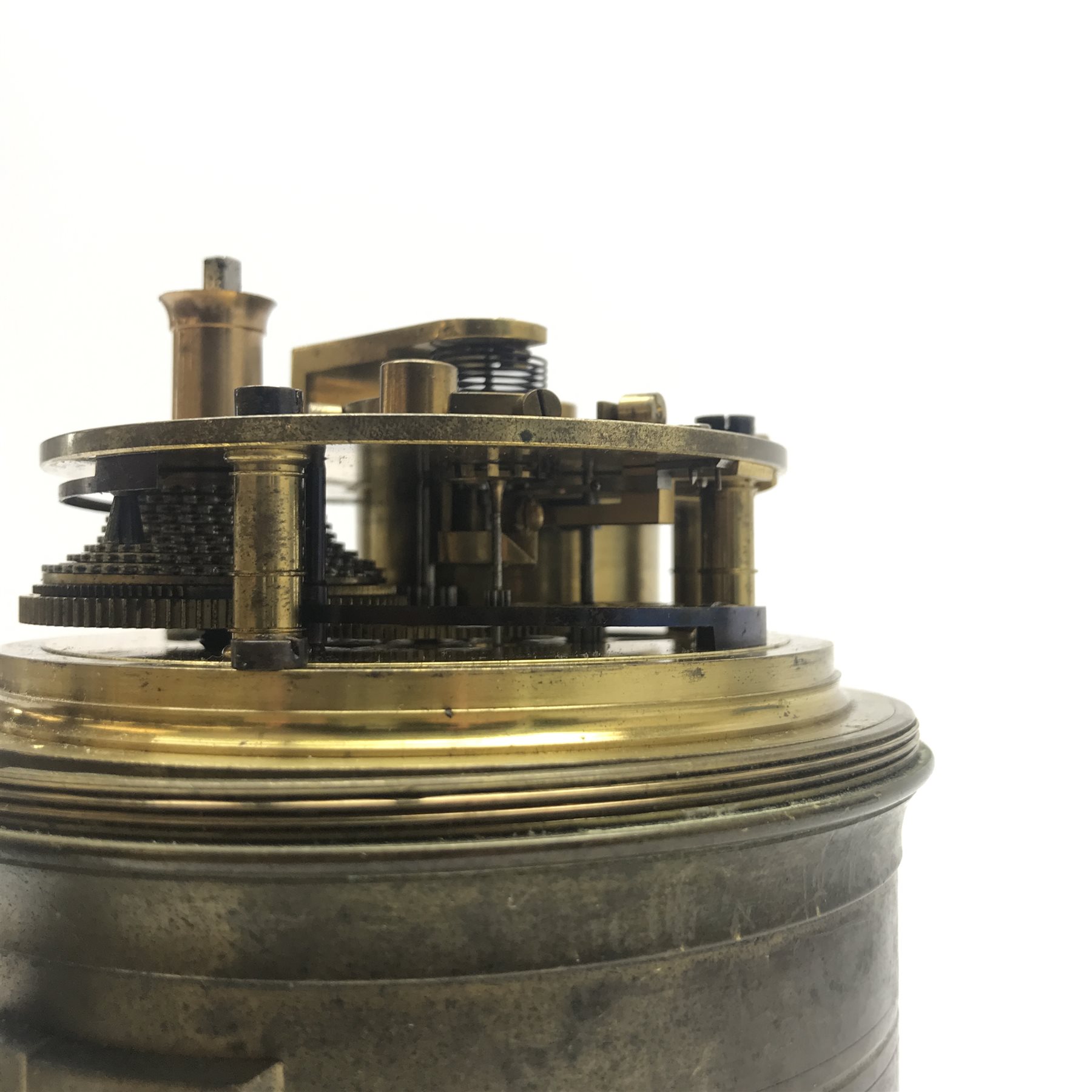 Mid 19th century marine chronometer by 'Cameron, Liverpool', silvered Roman dial, serial no. '1715', four pillar chain fusee movement with detent escapement, engine turned movement plates, dial diameter - 10cm, total diameter - 12.5cm