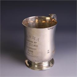 1930s silver tankard, of typical bellied form upon a circular base with ribbed handle, the body with presentation engraving, hallmarked Mappin & Webb Ltd, Sheffield 1937, H12cm