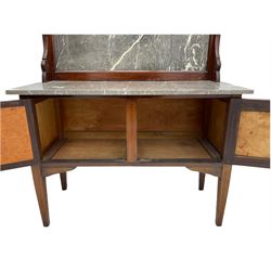 Edwardian inlaid mahogany washstand, raised grey and white marble back and top, fitted with double cupboard, square tapering supports