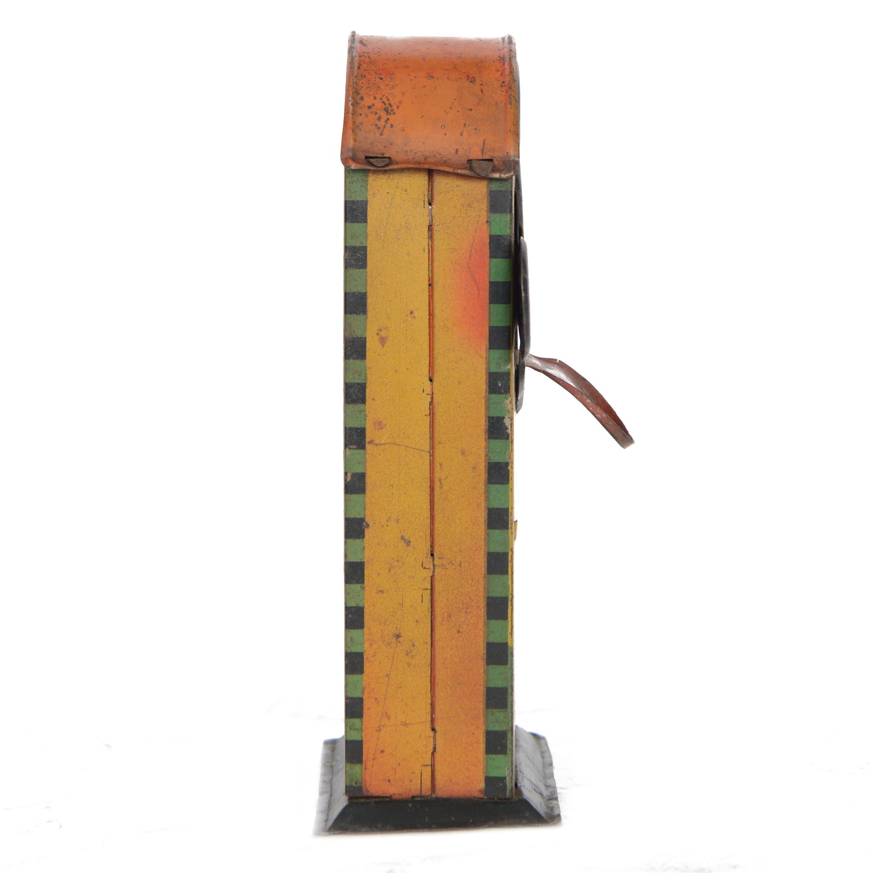 1930s Saalheimer & Strauss Mickey Mouse 'Smile Please' mechanical tin plate money box, depicting Mickey Mouse posing with folded hands to the front and verso as a photographer, above the motto 'If you only pull my ear you will see my tongue appear. Place a coin upon my tongue save your money while you're young', marked to one side 'By exclusive arrangement with Ideal Films Ltd. All rights reserved. Registered No 508041', with key, H17cm

