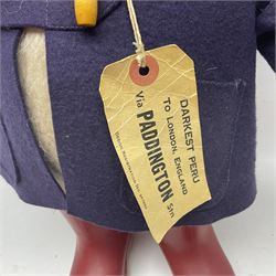 Paddington Bear teddy with amber eyes, blue felt hat and coat, red Dunlop boots and original label, H48cm 