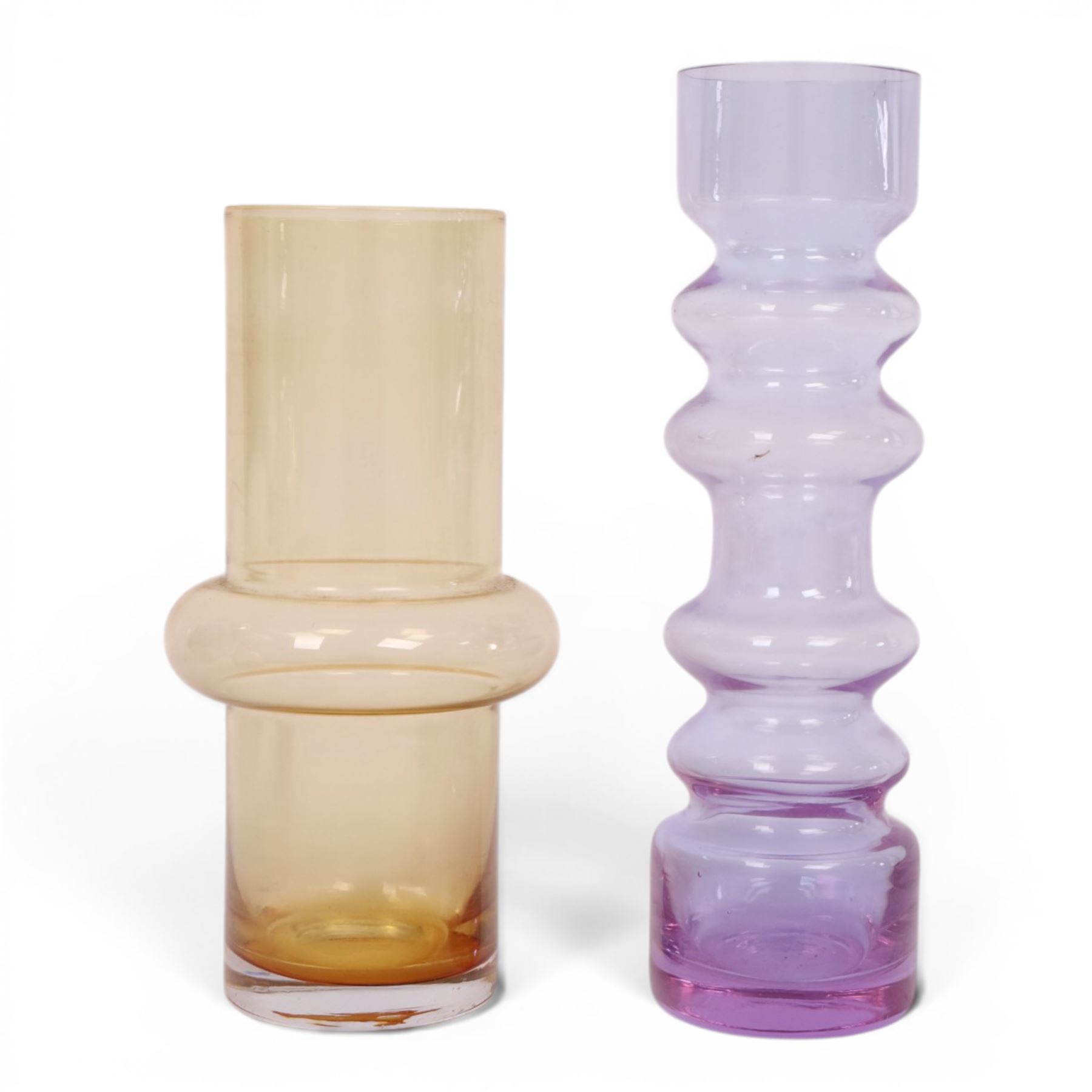 Mid-century Bo Bergstrom style bubble vase, in lilac tones, together with another similar in yellow tones, H24cm