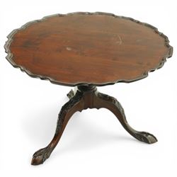 Late 19th century mahogany piecrust occasional table, circular top with scalloped moulded edge, on a turned pedestal with carved cabriole supports terminating in claw and ball feet