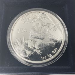 Four one ounce fine silver coins, forming 'The 2007 Famous World Silver Coin Collection', comprising United States eagle, Australian kookaburra, Chinese panda and Canadian maple leaf, cased with Westminster certificate 