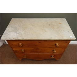  19th century pine marble top chest of three drawers, turned supports, W96cm, H67cm, D49cm  