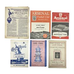 1943 Football League South War Cup Final, Charlton Athletic v Arsenal, a folded single sheet pirate programme from the game played at Wembley on May 1st 1943, published by Blooms Printing Works, London, E1; and five post-war F.A. Cup round matches played at neutral grounds comprising Chelsea v Arsenal at Tottenham March 22nd 1950; Luton Town v Brentford at Arsenal February 18th 1952; semi-final replay Manchester United v Fulham at Arsenal March 26th 1958; Manchester United v West Ham United at Hillsborough March 14th 1964; and Chelsea v Sheffield Wednesday at Villa Park April 23rd 1966 (6)