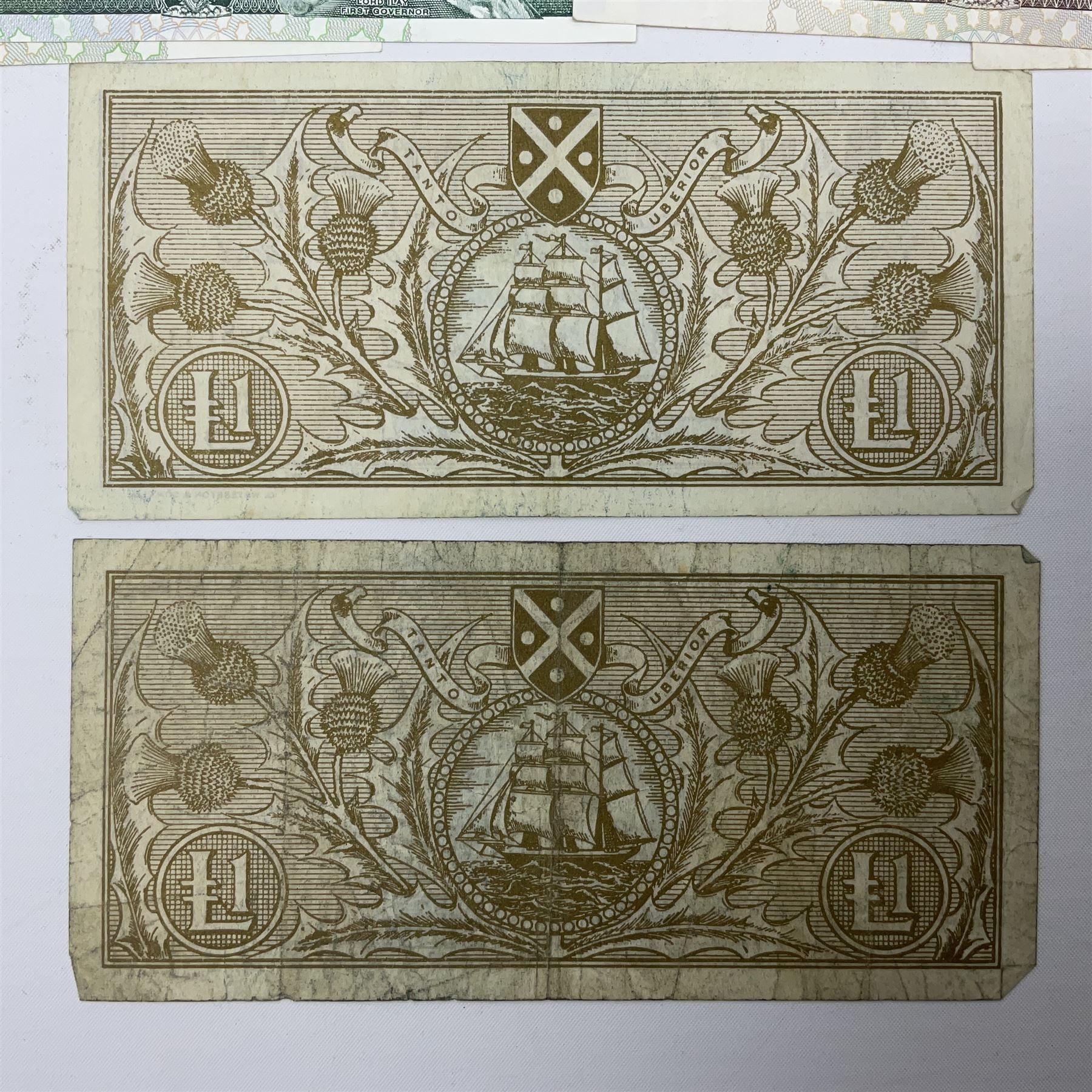 Irish and Scottish banknotes to include Bank of Ireland 5 January 1939 ‘B15’ one pound, two Bank of Scotland 1964 ‘AD07’ and ‘AF05’ one pound notes, one 1966 ‘CQ77’ one pound, and further notes from Clydesdale Bank, National Commercial Bank of Scotland Ltd. etc, housed in plastic sleeves