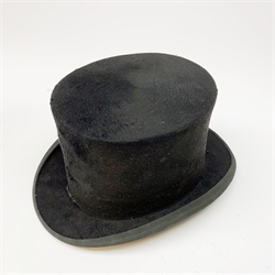 A Vintage black  Dunn & Co London top hat, interior circumference measures approximately 58cm, with box. 