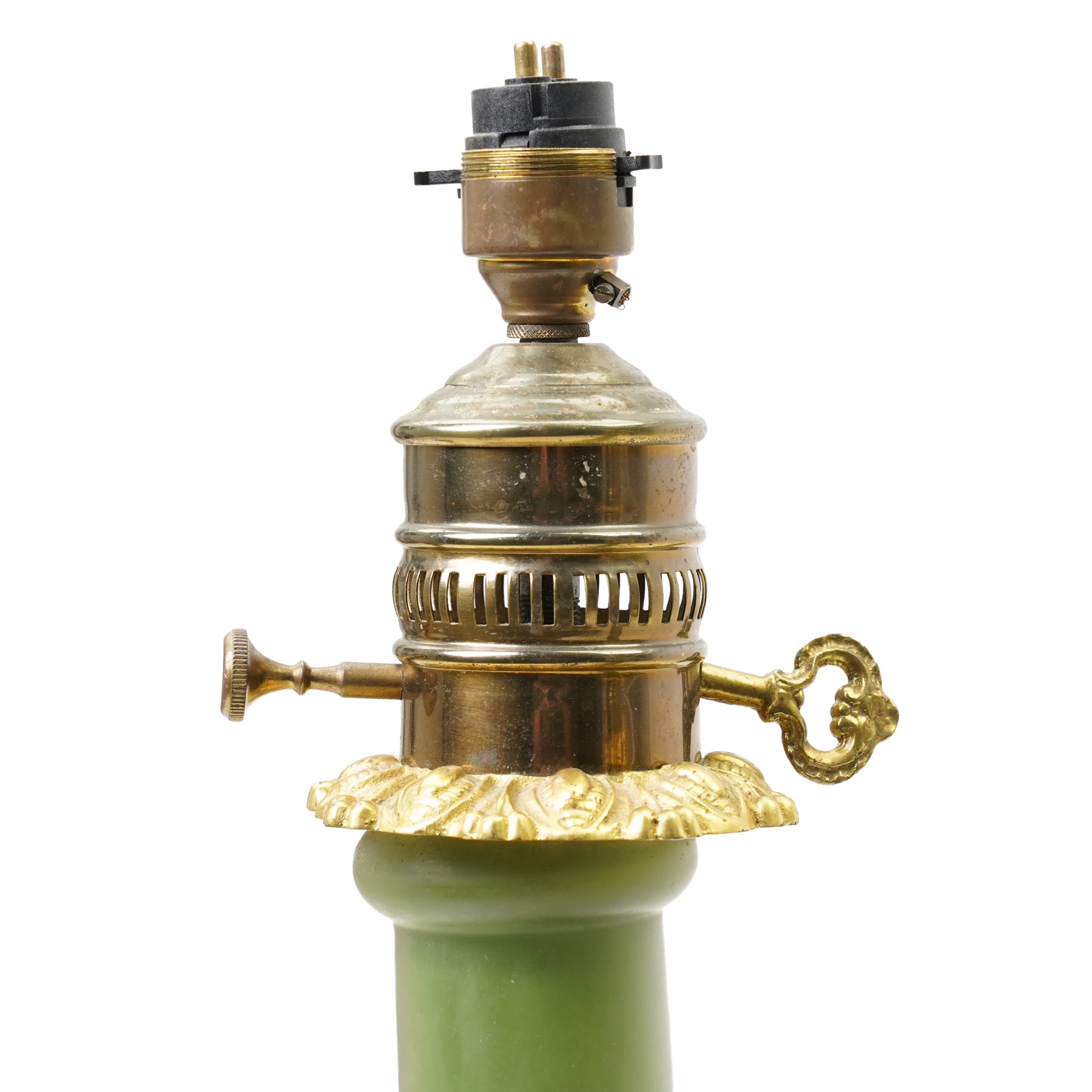 Pair of green frosted glass and gilt table lamps, H62cm 