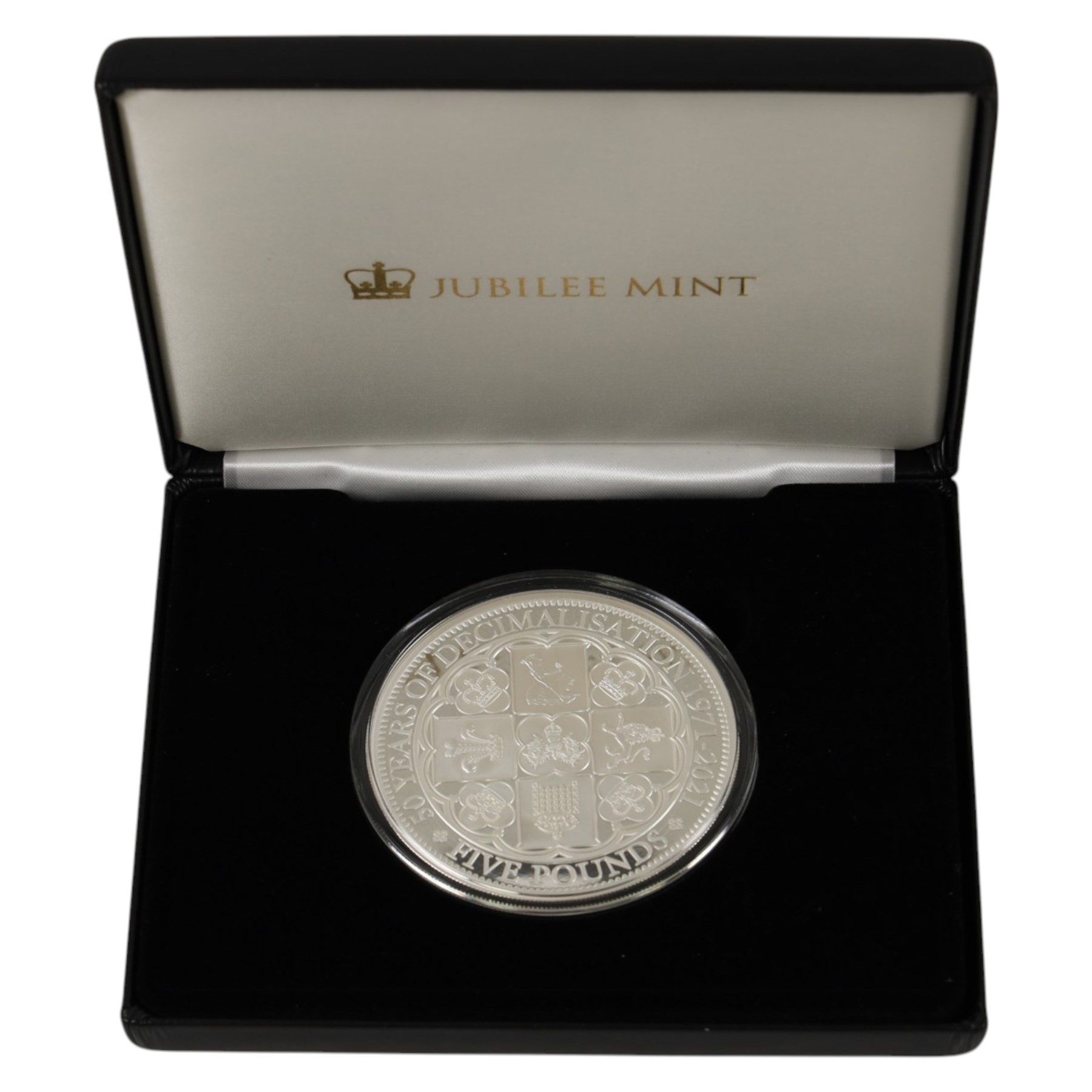 Queen Elizabeth II Tristan da Cunha 2021 '50th Anniversary of Decimalisation' five ounce silver proof twenty-five pound coin, issued by the Jubilee Mint, cased with certificate