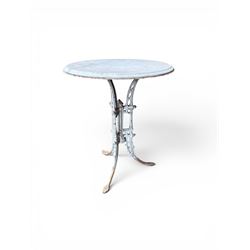 Victorian ornate cast iron garden table, trefoil base with central enclosed column, circul...