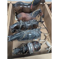 Collection of Shire horses, including Beswick and Sylvac examples, one with wooden cart and one with caravan, together with a Beswick donkey figure