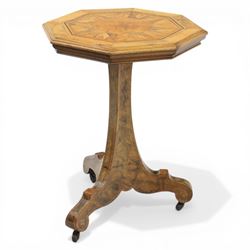 Late Victorian walnut and marquetry occasional table, the octagonal top with moulded edge centred with burr walnut panel within radiating starburst parquetry and line inlaid borders, raised upon a tapering column support with three shaped down swept legs terminating in scroll feet