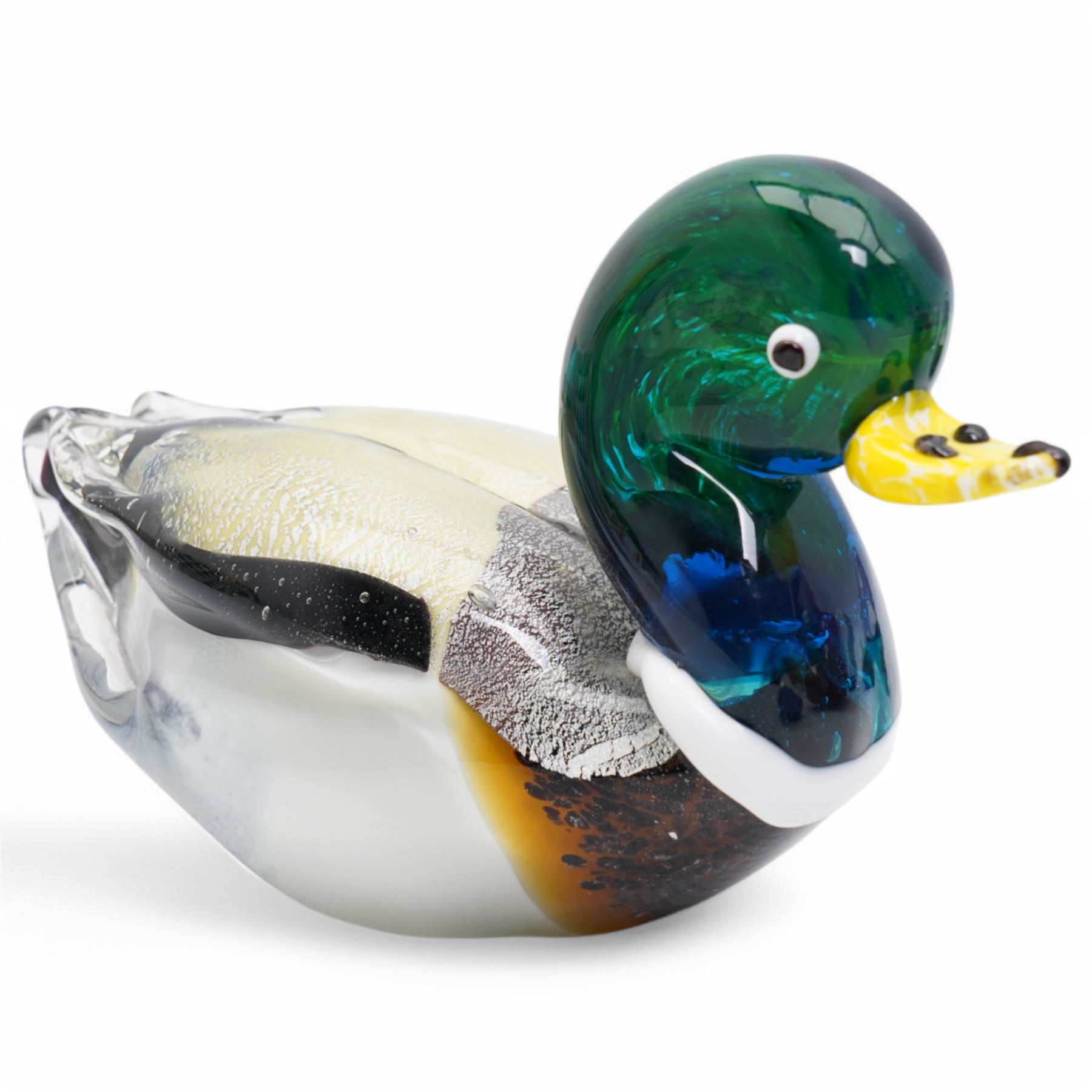 Caithness 'Shifting Sands' and 'Cauldron' glass paperweights, together with a Murano style glass duck, various other paperweights including millefiori and tomato example (12)