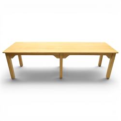 Mid 20th century beech dining table, rectangular top with rounded corners, plain apron wit...